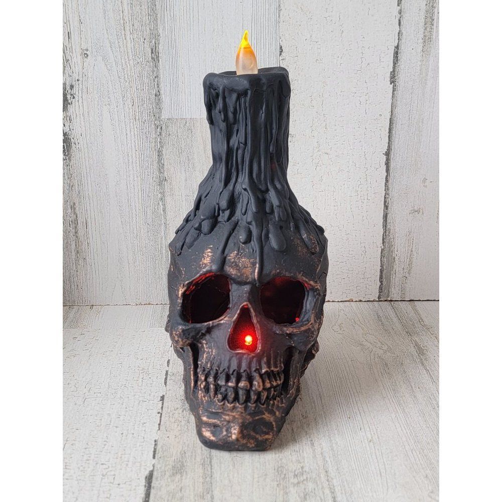 Halloween lit up black skull candle prop Decor scary skeletonq